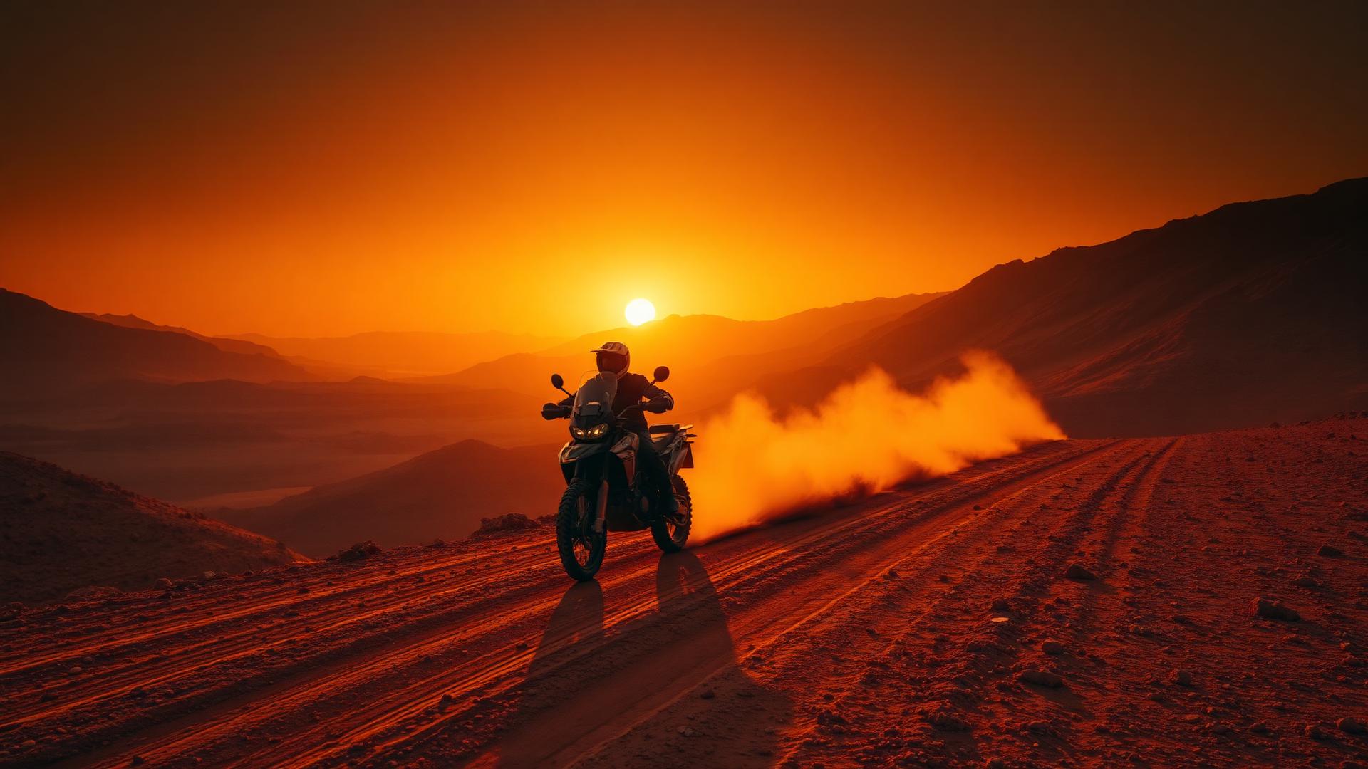 Motociclista cruzando desierto al atardecer